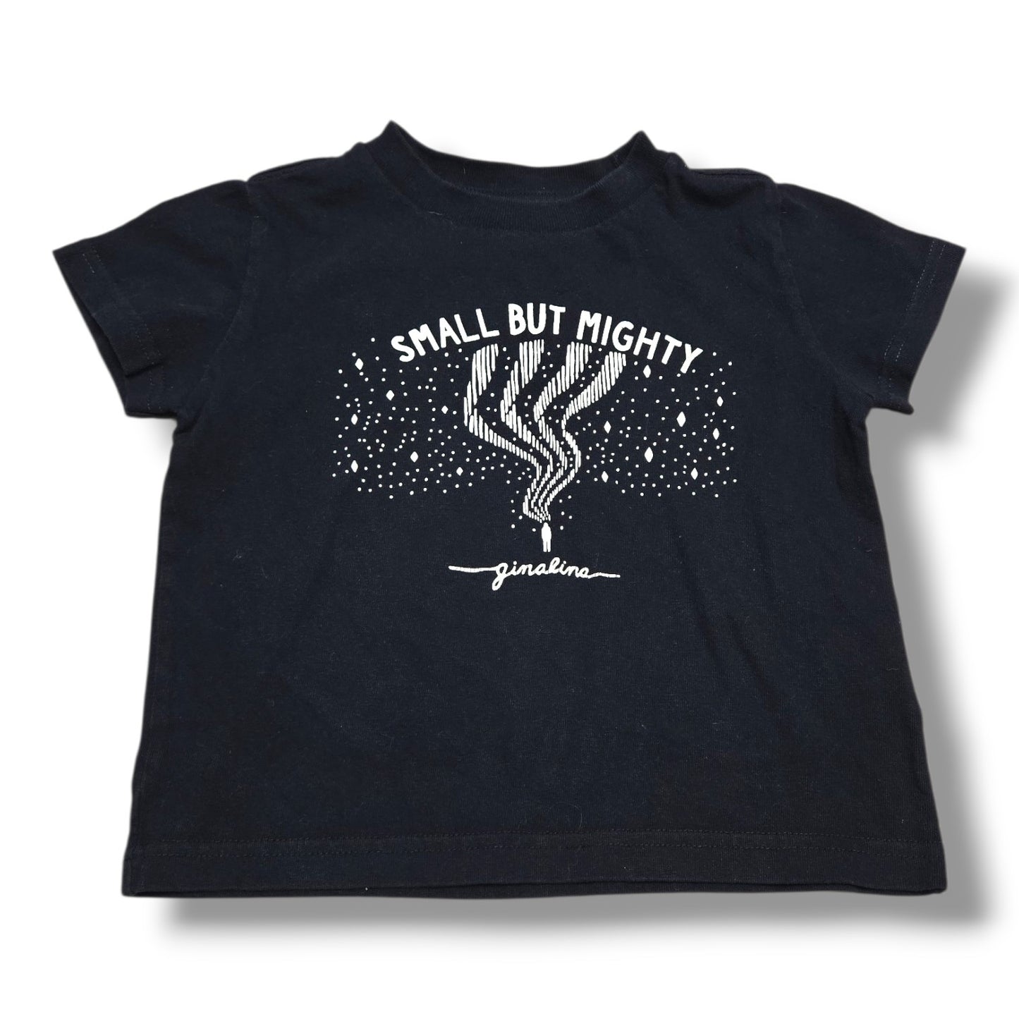 Black Ginalina graphic tee with "Small But Mighty" phrase, perfect for kids 3T pre-loved graphic tee.