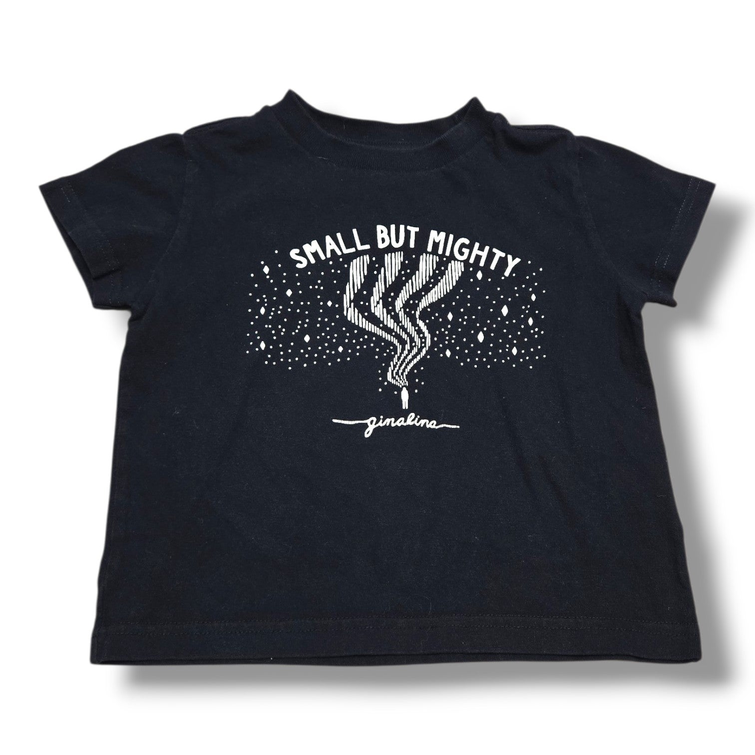 Black Ginalina graphic tee with "Small But Mighty" phrase, perfect for kids 3T pre-loved graphic tee.