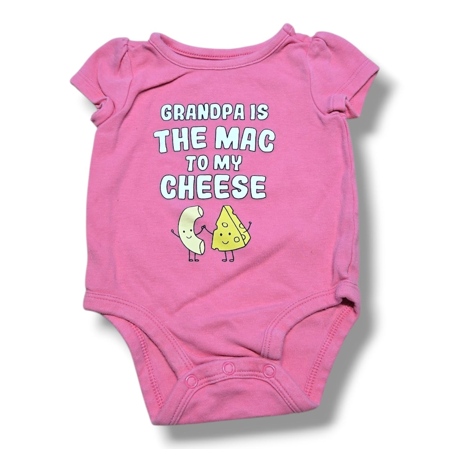 Pre-loved baby onesie 3M in pink with a fun graphic saying 'Grandpa is the mac to my cheese'.
