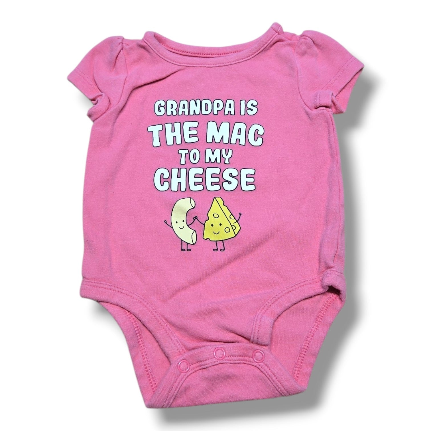 Pre-loved baby onesie 3M in pink with a fun graphic saying 'Grandpa is the mac to my cheese'.