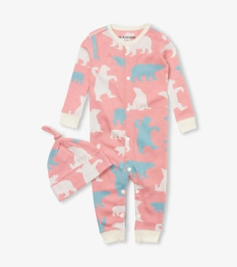 Pink Polar Bears Baby Coverall & Hat