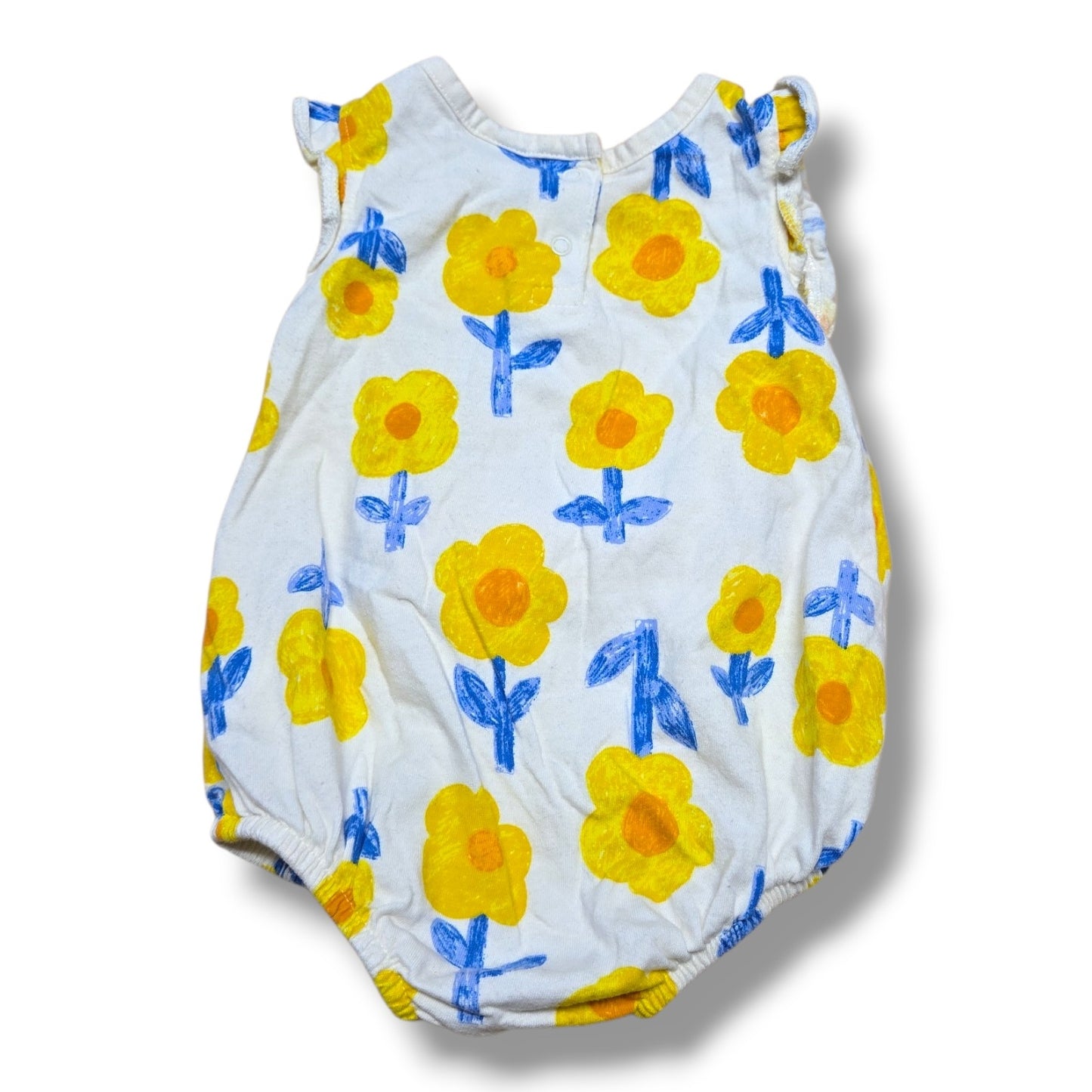 Old Navy preloved baby romper 0-3 months with cheerful yellow floral print and flutter sleeves.