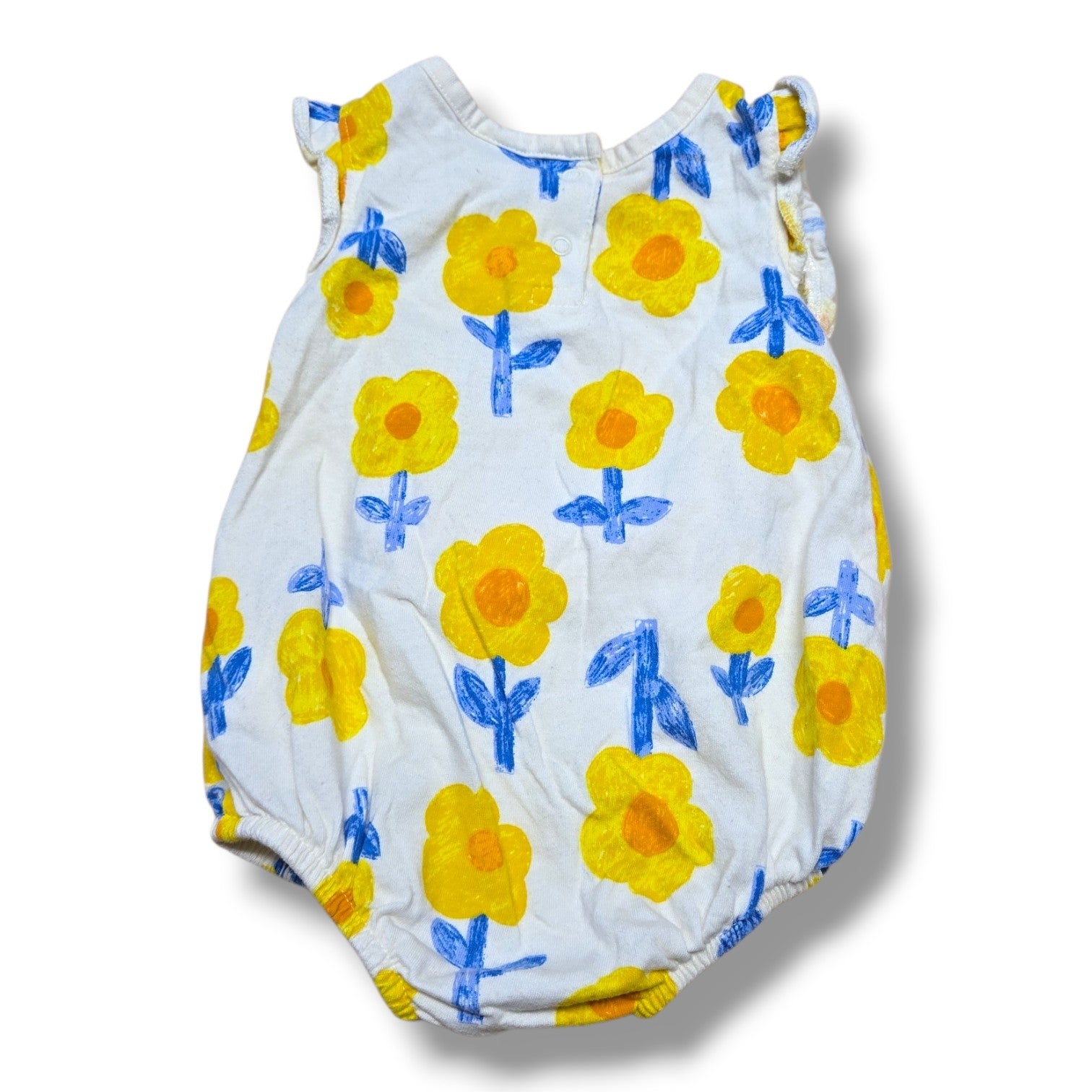 Old Navy preloved baby romper 0-3 months with cheerful yellow floral print and flutter sleeves.