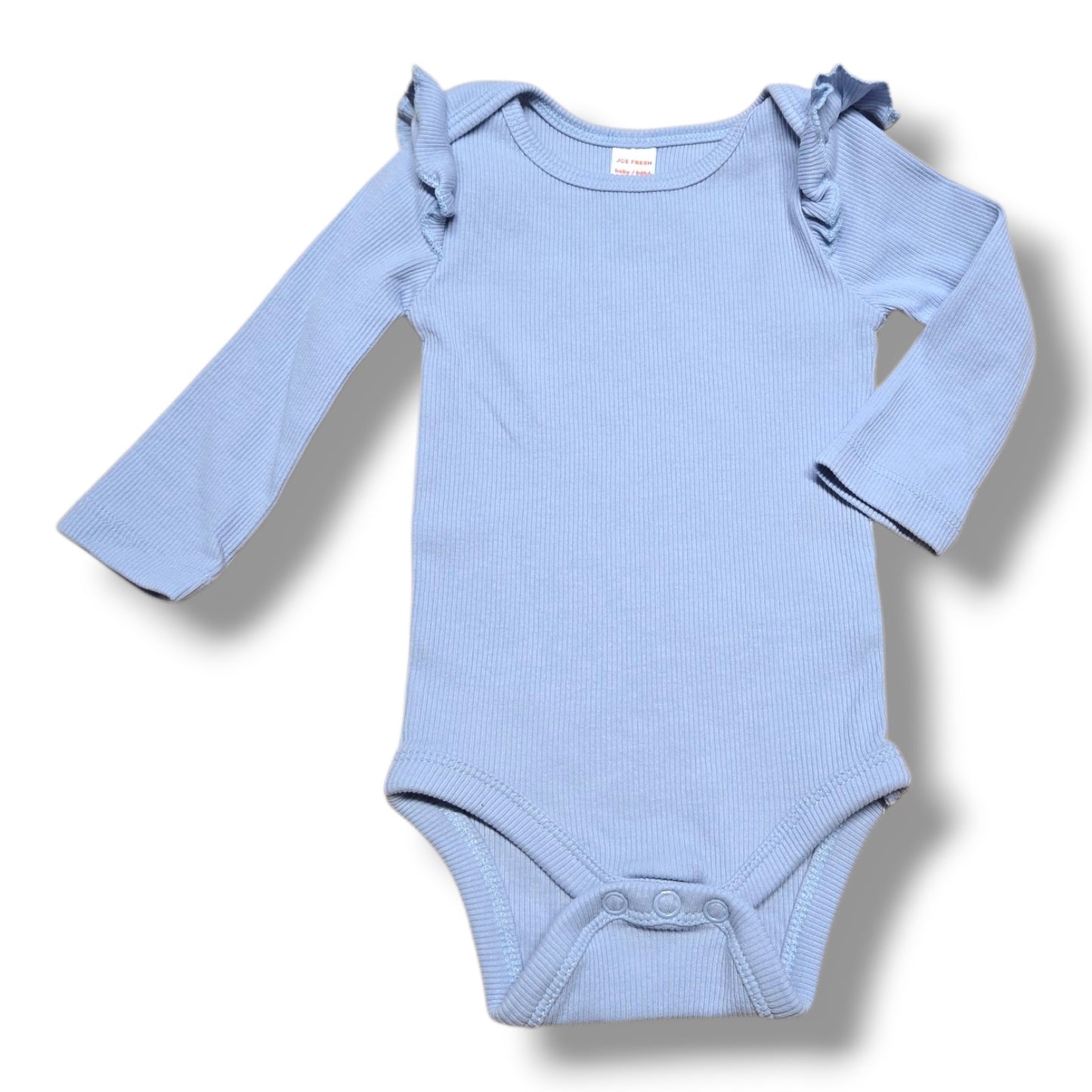 Pre-loved baby onesie in soft blue with ruffle details and snap closures for quick changes.