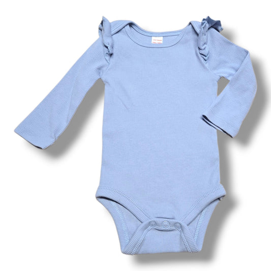Pre-loved baby onesie in soft blue with ruffle details and snap closures for quick changes.