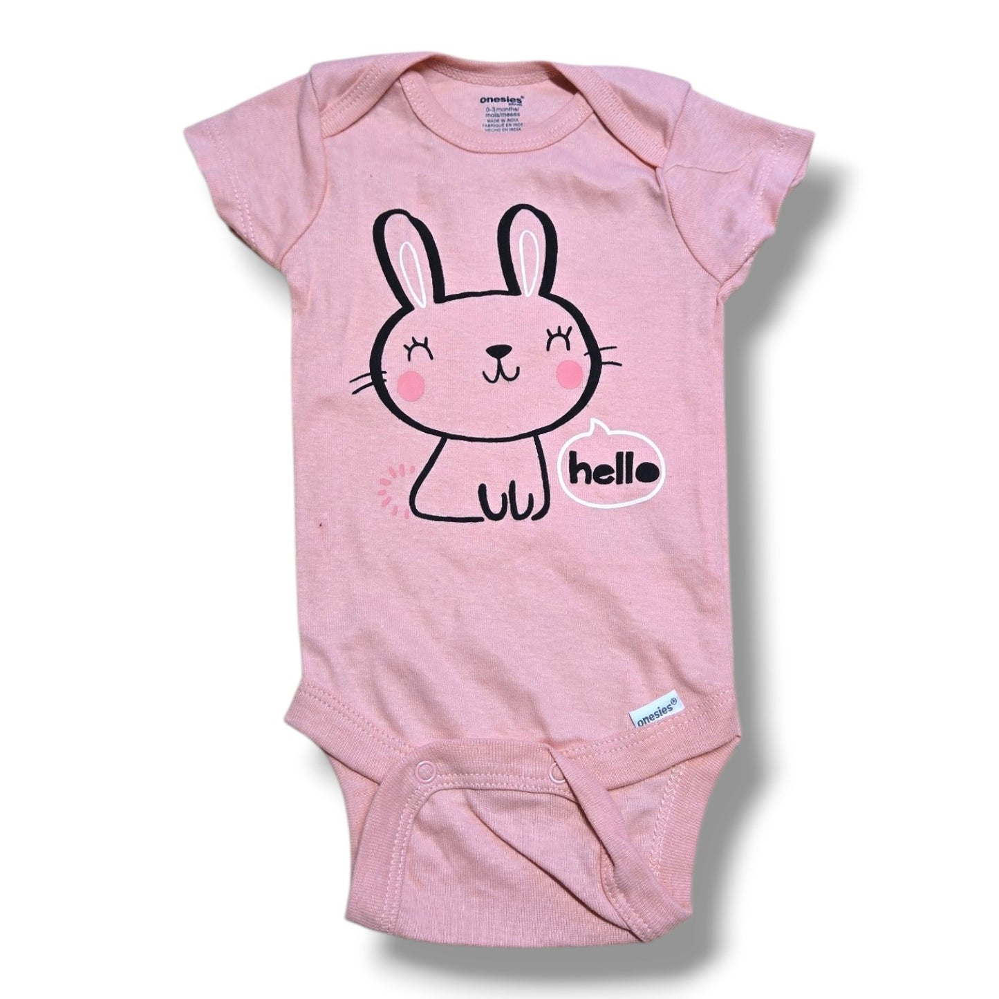 pre-loved onesie 0-3 months featuring a cute bunny design and snap closures in mint condition.