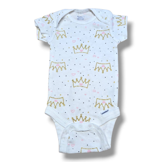 Pre-loved baby onesie featuring crowns and hearts, soft and comfortable for everyday wear.