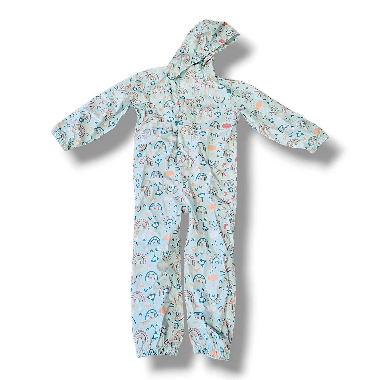 5T pre-loved waterproof rainsuit in a colorful rainbow print, perfect for rainy outdoor adventures.