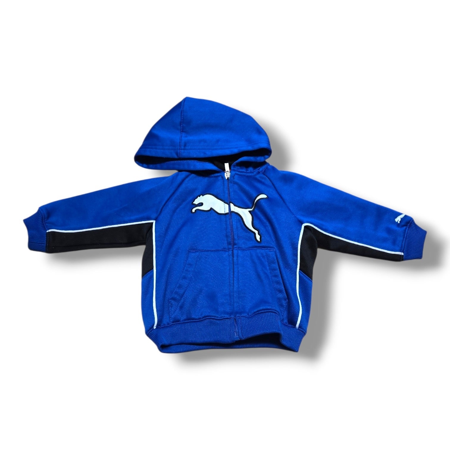 Pre-loved Puma hoodie for infants, blue full-zip design, attached hood, front pockets, in mint condition.