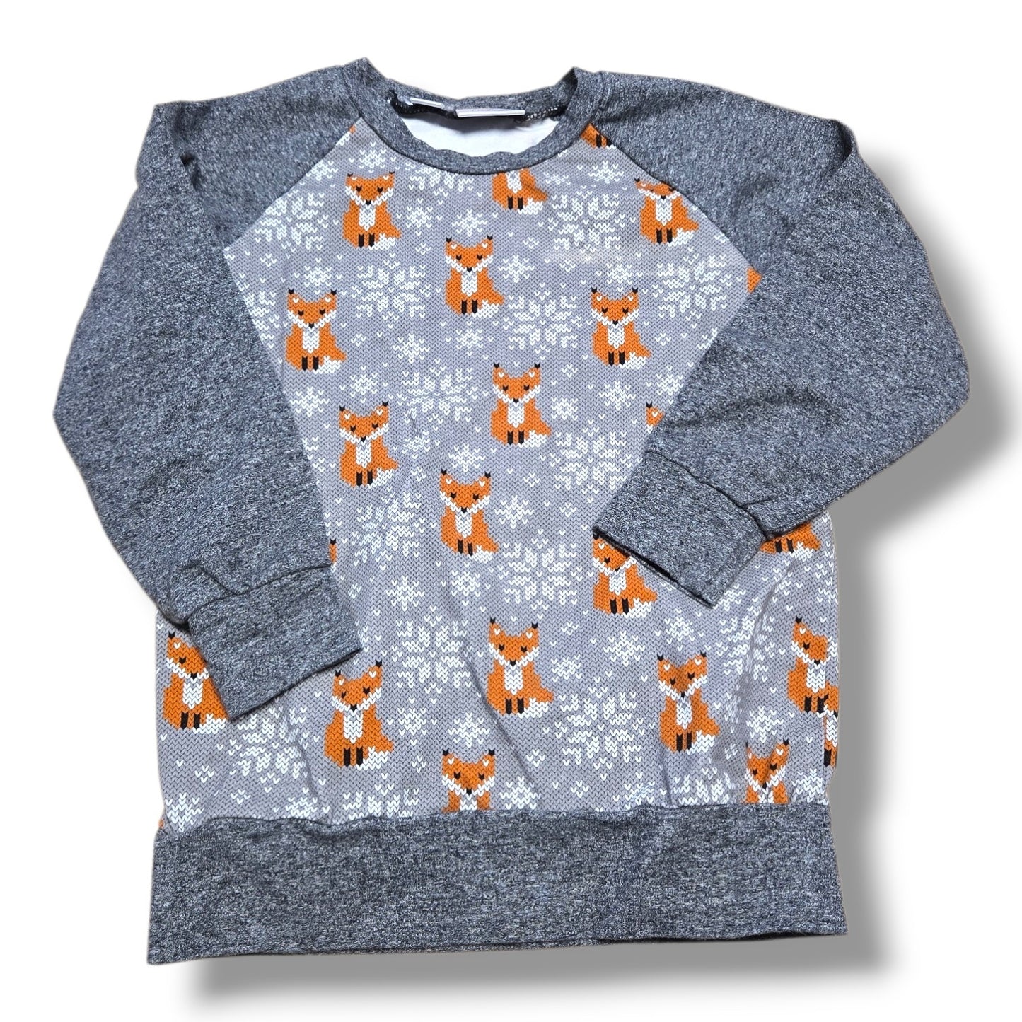 Handmade cozy sweatshirt featuring a charming fox print on a soft grey background with coordinating sleeves.