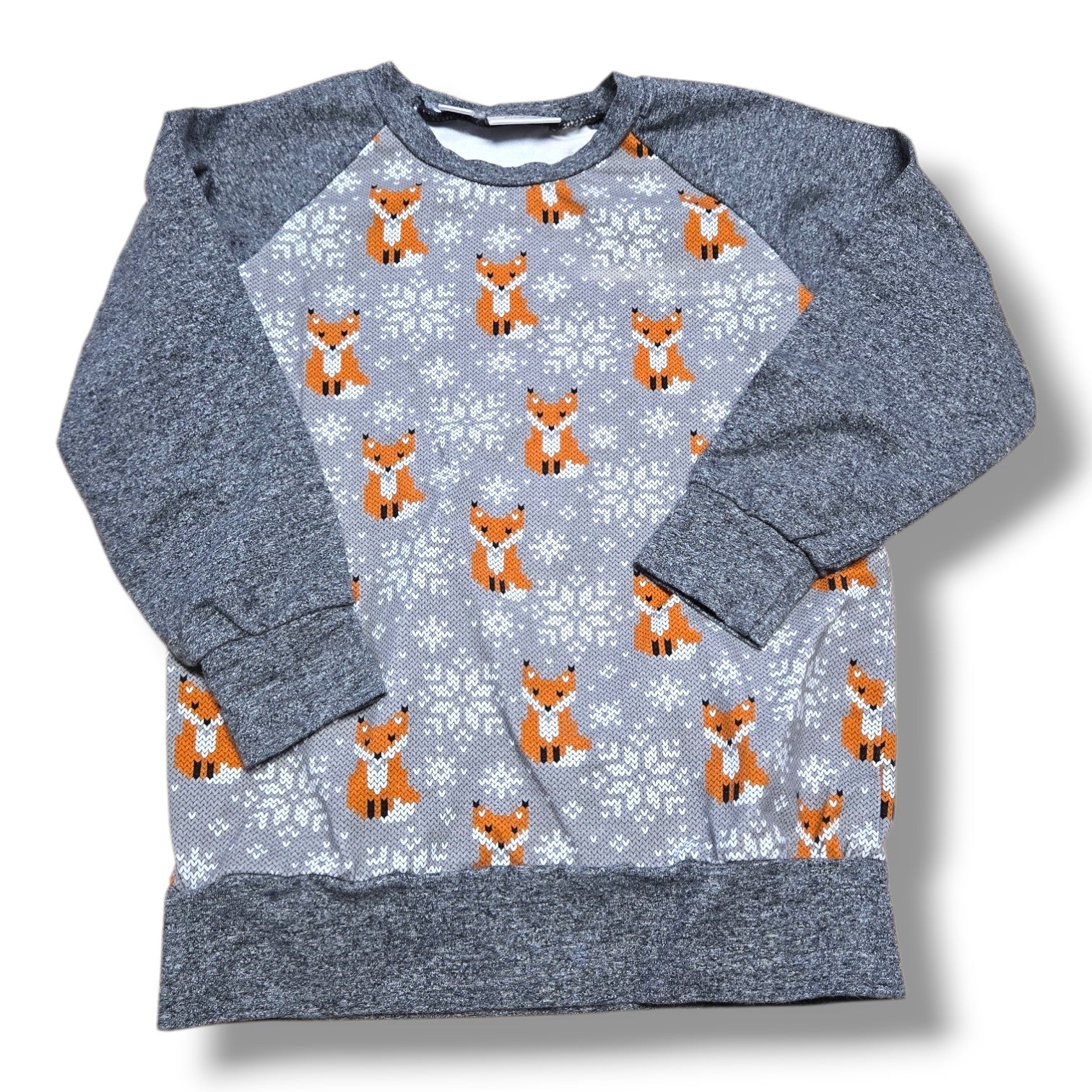 Handmade cozy sweatshirt featuring a charming fox print on a soft grey background with coordinating sleeves.