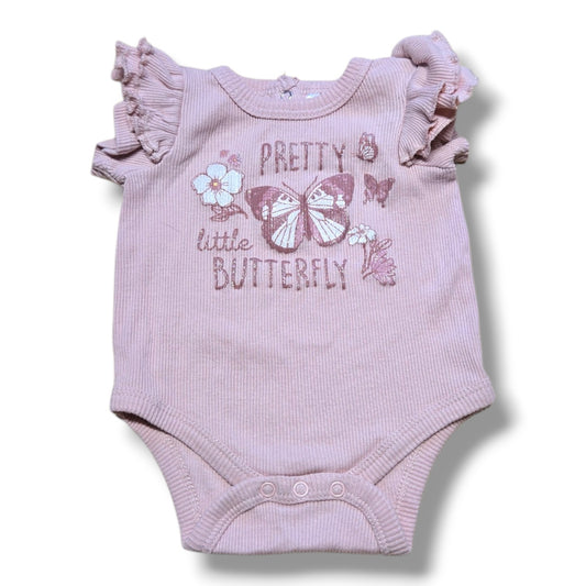 Pre-loved baby onesie in pink with butterfly design and ruffle sleeves, perfect for everyday wear.
