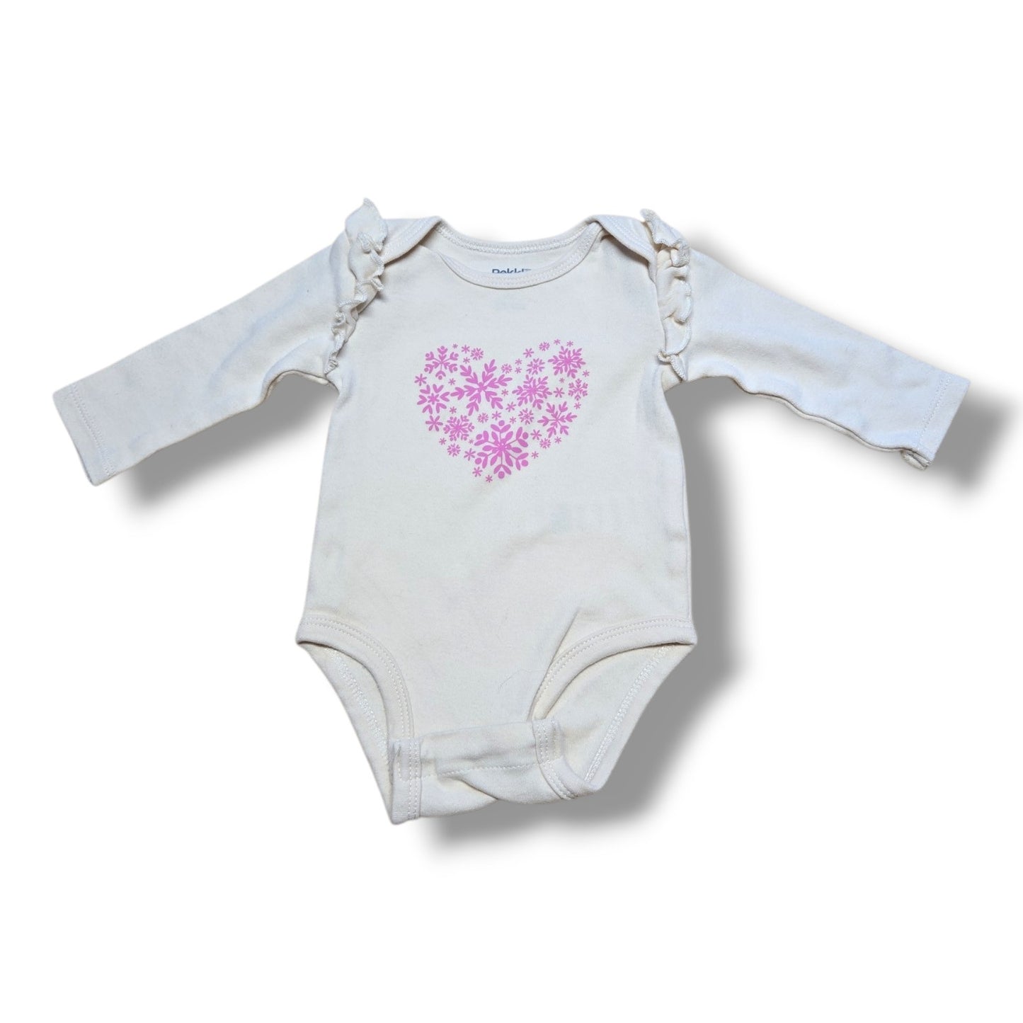 Preloved baby onesie with pink heart design and ruffle sleeves, perfect for everyday wear.