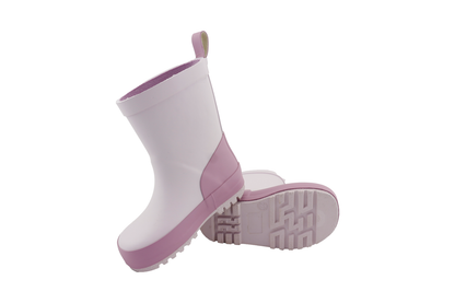 kids waterproof rain boots pink in white and lavender for outdoor adventures and puddle jumping.