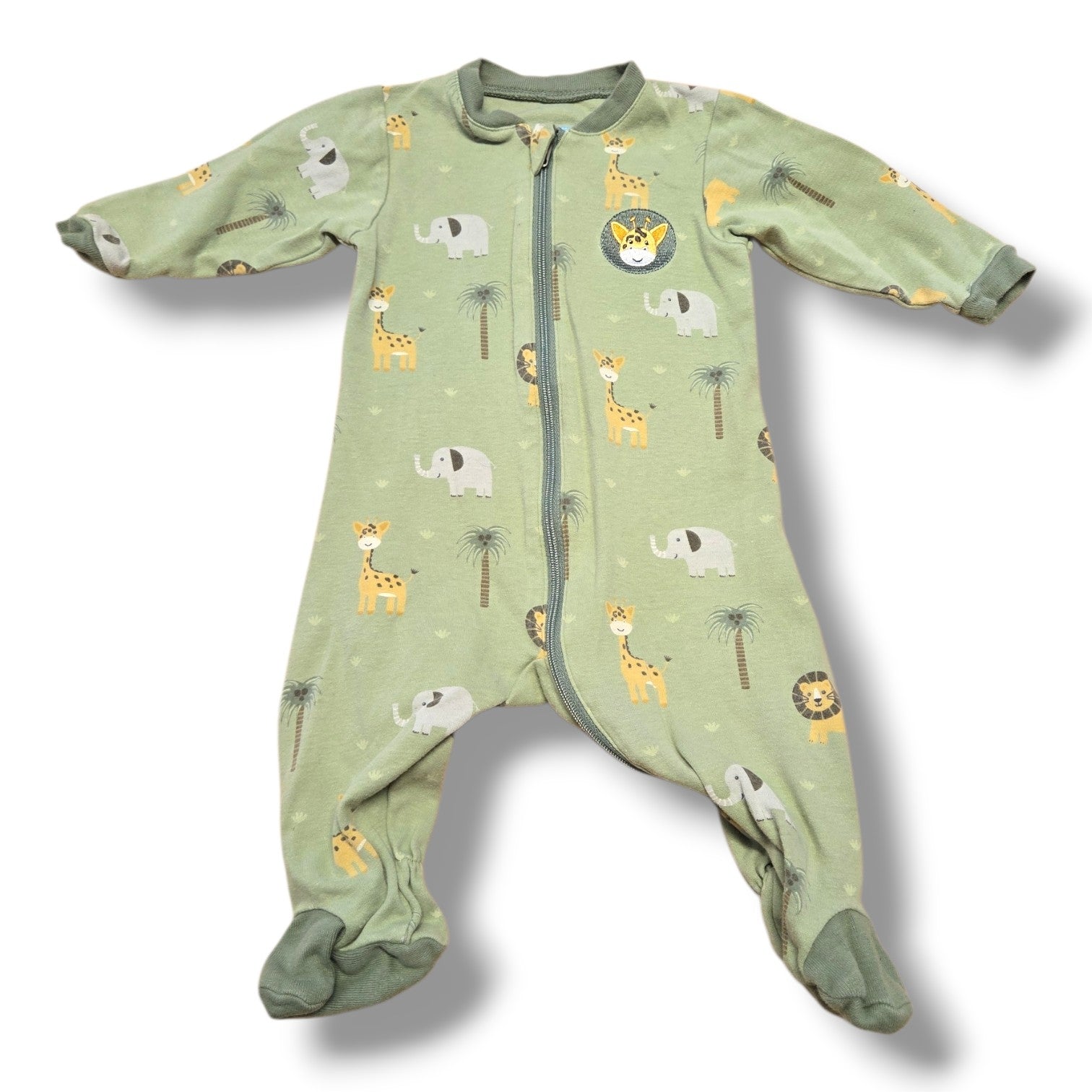 Pre-loved Tuffy sleeper pajamas featuring a cute animal design and full length zipper closure.