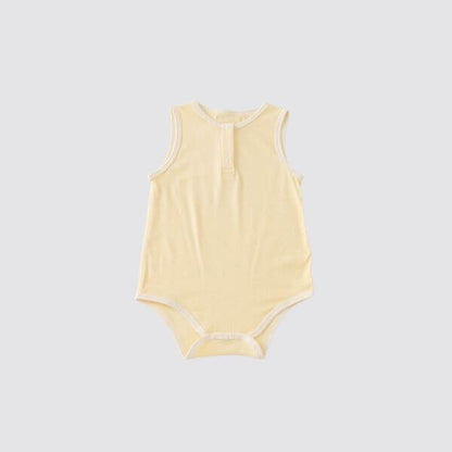 Organic cotton sleeveless baby bodysuit in creamy yellow, perfect for comfort and style in warm weather.