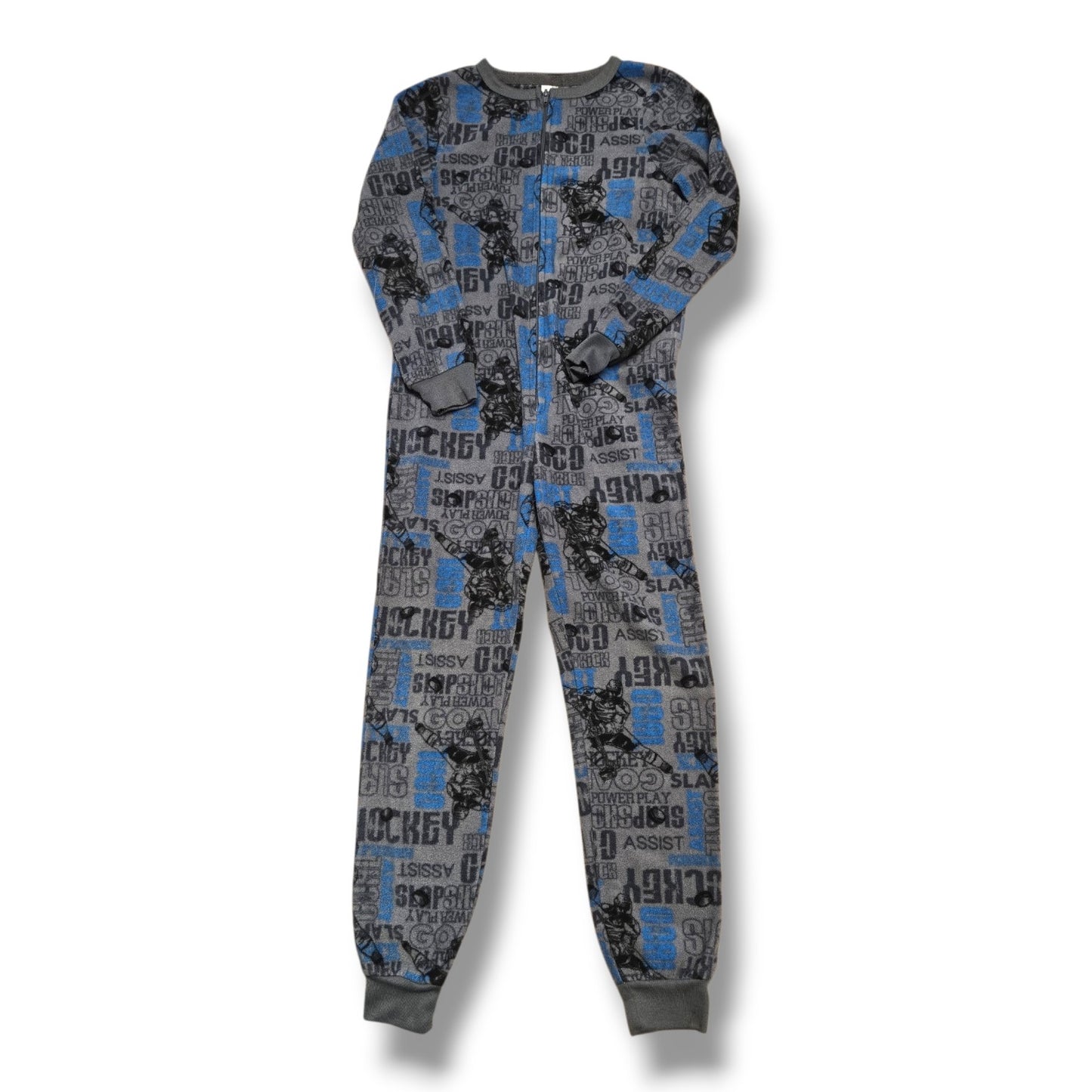 George Hockey Sleeper in size 7/8, pre-loved fleece pajamas for kids, cozy one-piece with hockey print.