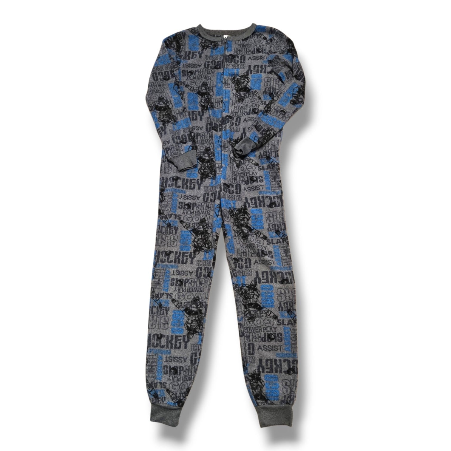 George Hockey Sleeper in size 7/8, pre-loved fleece pajamas for kids, cozy one-piece with hockey print.