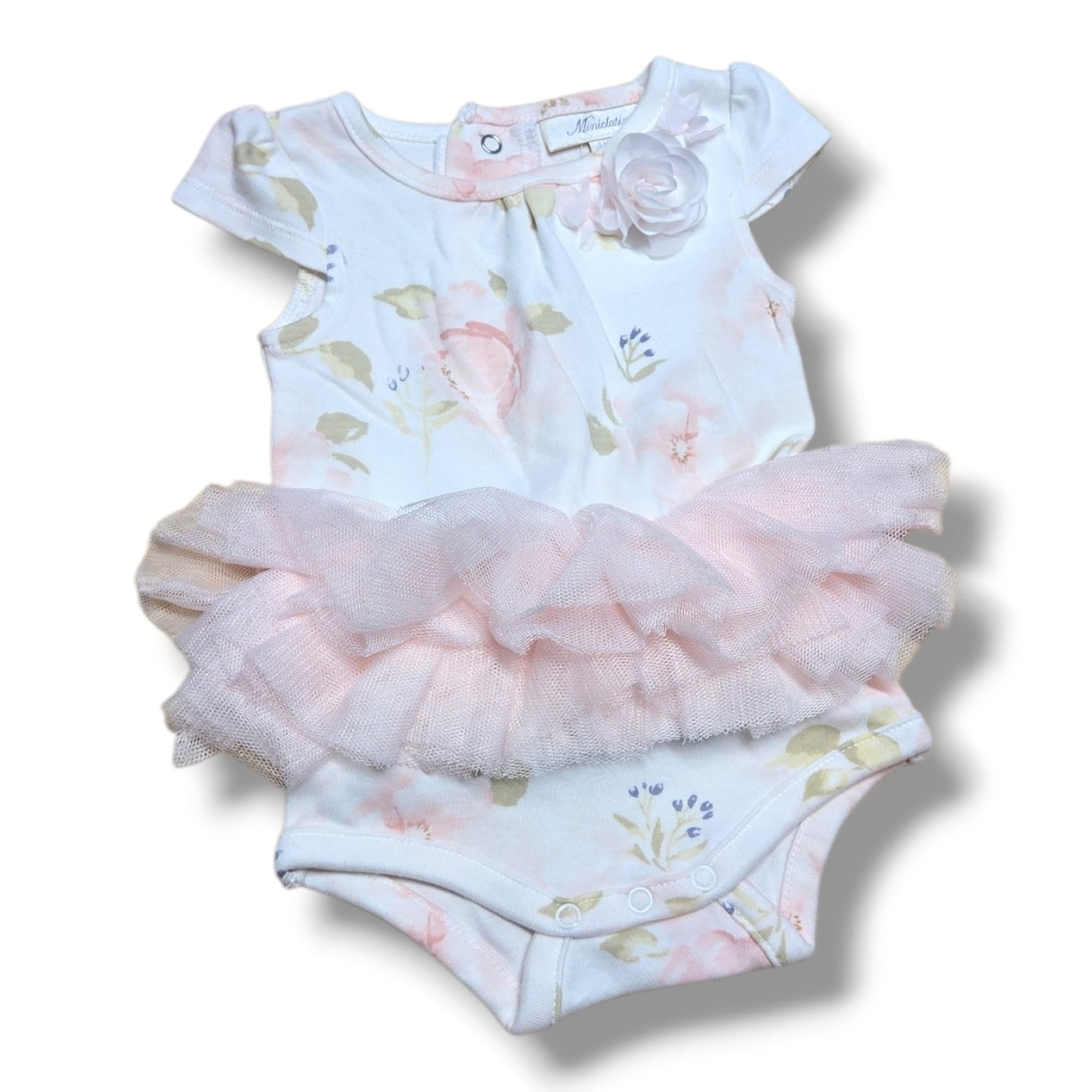 Pre-loved 3M romper with floral design and pink tulle skirt for girls, perfect for playtime and everyday wear.
