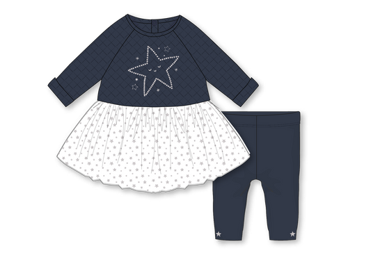 Rose Textiles - Girls 2 Piece Quilted Dress Set: Star - Pink & Blue Kidz Clothing