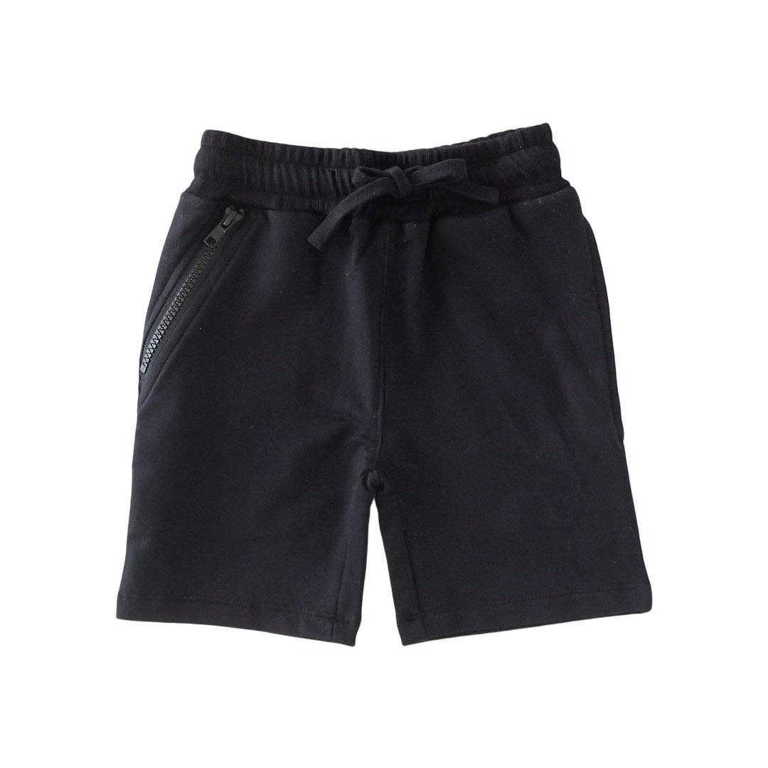 Unisex Organic Cotton Asymmetrical Zip City Shorts - Jet Black - Pink & Blue Kidz Clothing