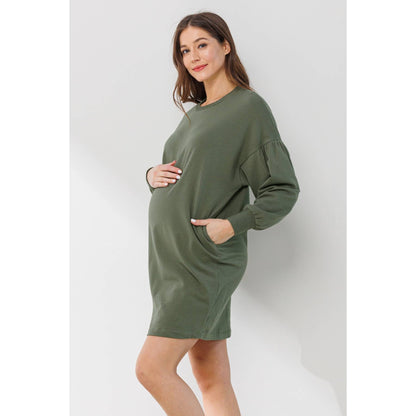 Crew Neck Maternity Sweater Dress with Pockets: Olive